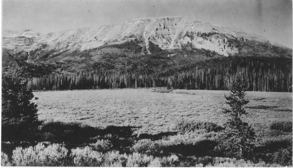 Eagle Peak and Tosi Ridge from Mill Creek. The historic Ballin Ranch was operating about a mile southwest of the photo location at the time. Date: 07/02/1911 Credit: Elliot Blackwelder, Archived at the University of Wyoming American Heritage Center